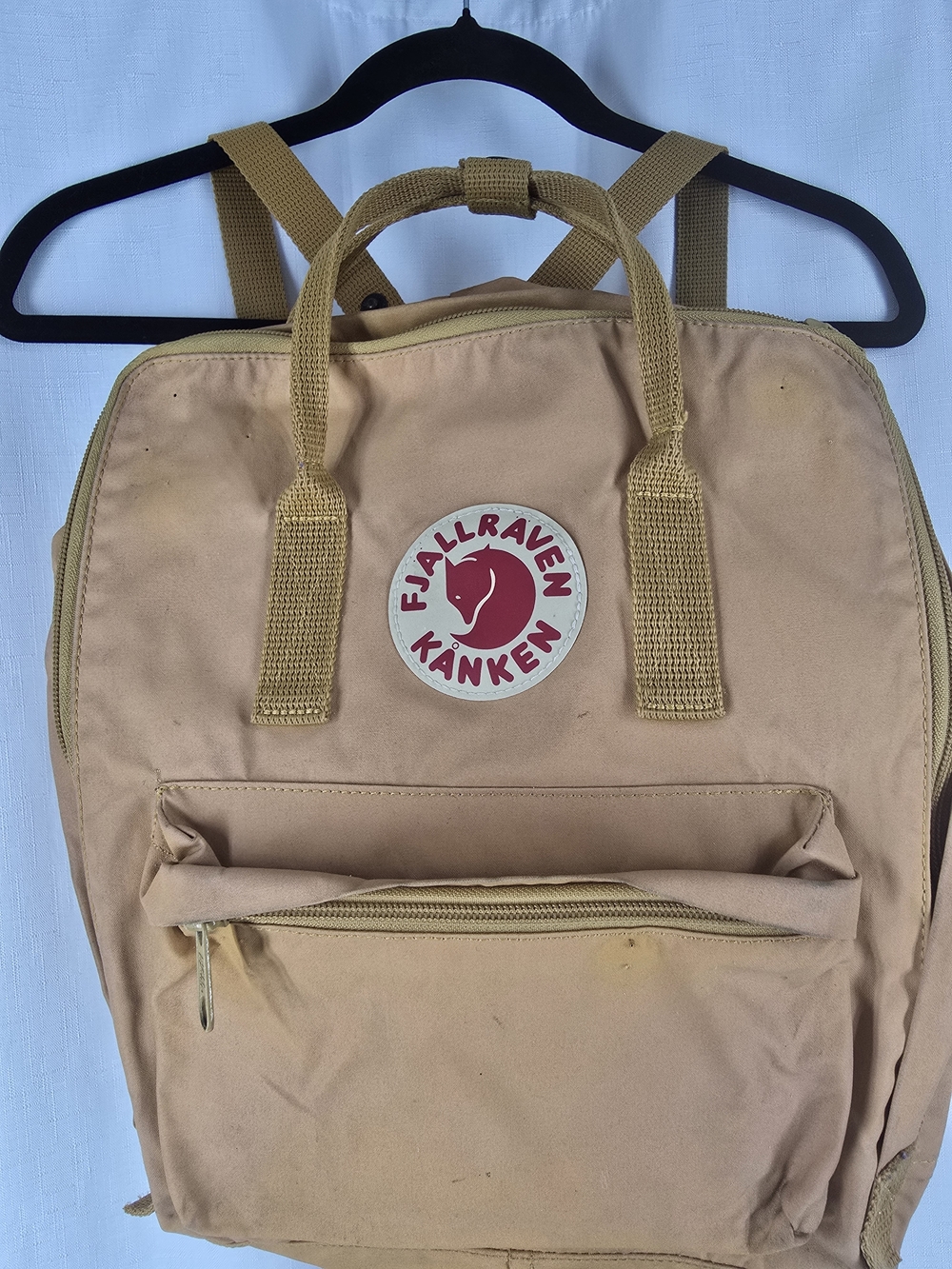 Fjallraven Kanken Backpack in Beige and Tan with Red Logo